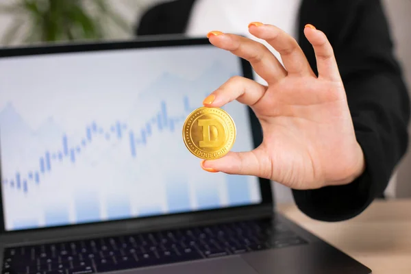 Hand Holding Gold Dogecoin Blurred Candlestick Chart Background High Quality — Foto de Stock