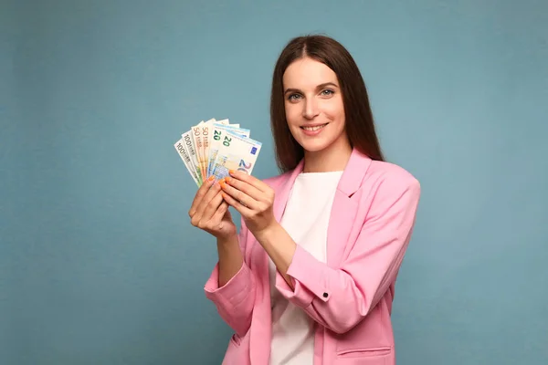 Happy Young Woman Holding Euro Bills High Quality Photo — Foto de Stock