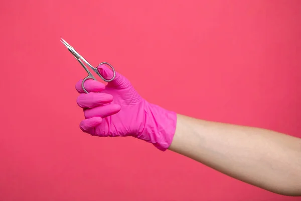 Hand Protective Glove Holds Manicure Scissors High Quality Photo — 스톡 사진