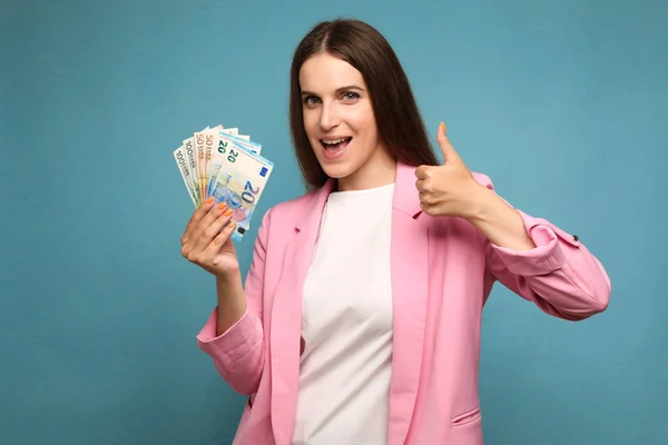 Happy Young Woman Holding Euro Bills Gesturing Thumb Sign High — Foto de Stock