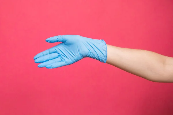 Girl Hand Sterile Gloves Pink Background High Quality Photo — 스톡 사진