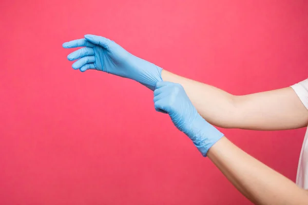 Two Hands Woman Wearing Nitrile Gloves Pink Background High Quality — 스톡 사진