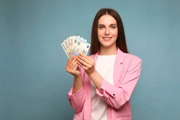 Happy Young Woman Holding Euro Bills High Quality Photo — Foto de Stock