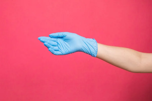 Girl Hand Sterile Gloves Pink Background High Quality Photo — 스톡 사진