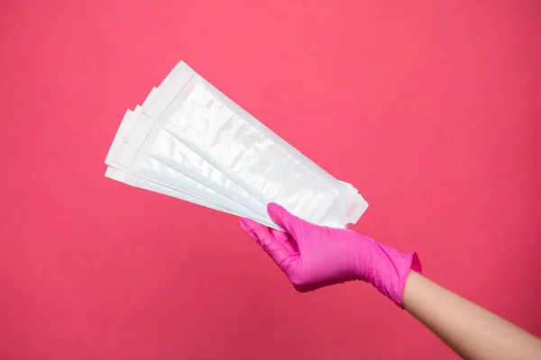 Hand Holding Sterilization Envelopes Manicure Gloves High Quality Photo — 스톡 사진