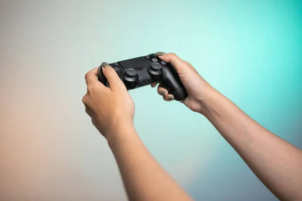 Hands Hold New Joystick Gamer Play Game Gamepad Controller Gaming — Fotografia de Stock