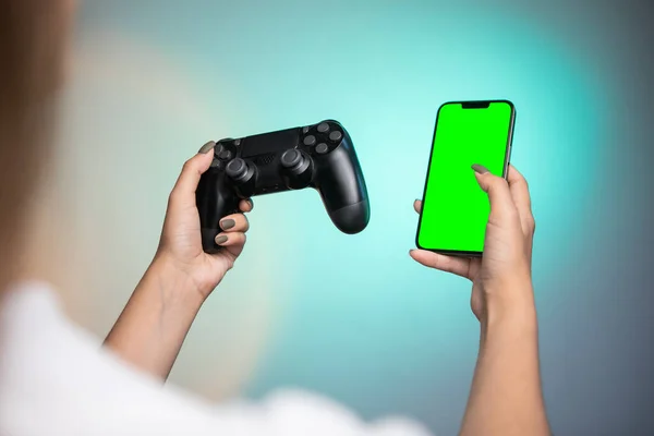 Female Hand Holding Game Controller Mobile Phone Green Screen Colorful — Fotografia de Stock