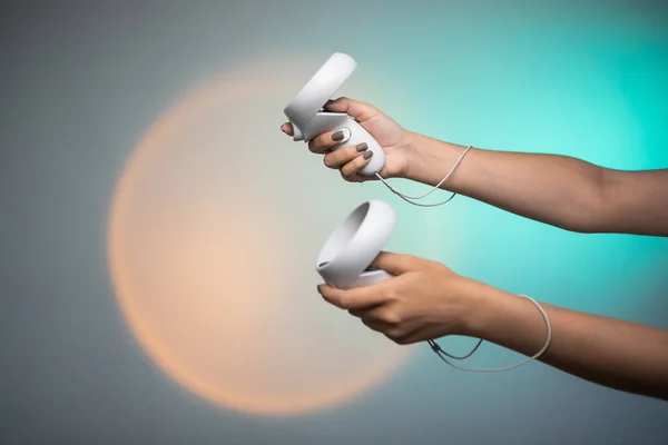 Hands Holds Remote Controller Wireless Joystick Next Generation Video Games — Fotografia de Stock
