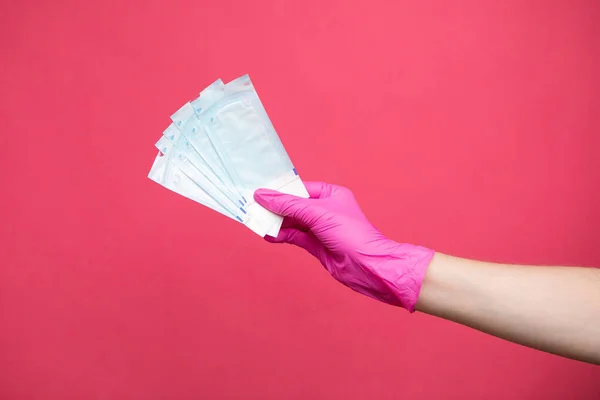 Hand Holding Sterilization Envelopes Manicure Gloves High Quality Photo — 스톡 사진