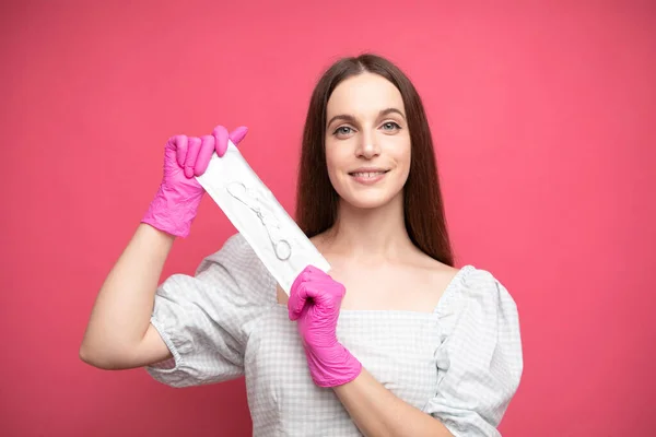 Woman Manicure Master Holding Scissors Sterilization Envelopes High Quality Photo — 스톡 사진