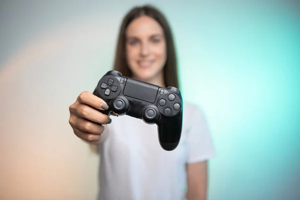 Smiling Fun Woman Holding Console Controller Colorful Background Young Adult — Zdjęcie stockowe