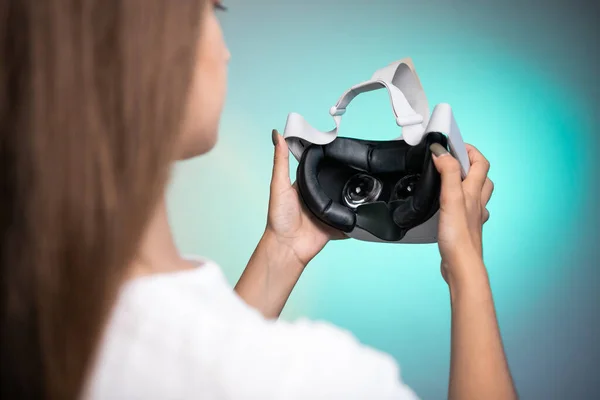 Virtual Reality Glasses Hand Colorful Background Future Technology Concept High — Fotografia de Stock