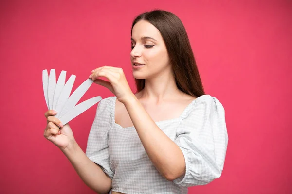 Picture Young Girl Holding Nail Files Choosing One Them High — 스톡 사진