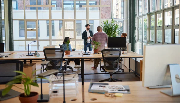 Diverse Group Smiling Young Businesspeople Talking Together Coffee Break Office — Stock Photo, Image