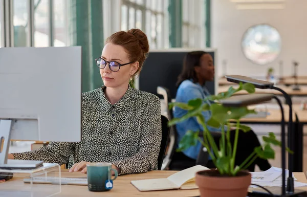 Сфокусированная Деловая Женщина Работающая Компьютером Своим Столом Офисе Коллегой Сидящей — стоковое фото