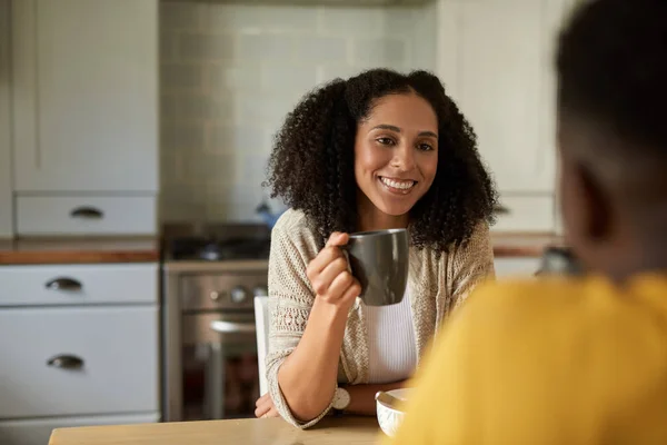 Smiling Young African Woman Drinking Coffee Talking Her Husband Breakfast — стокове фото