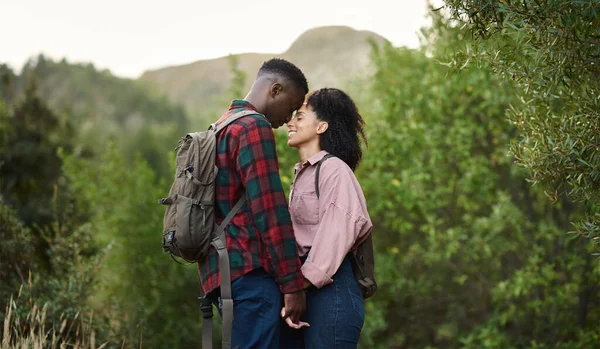 Young Multiethnic Couple Standing Face Face Eyes Closed Trail Break — Stockfoto