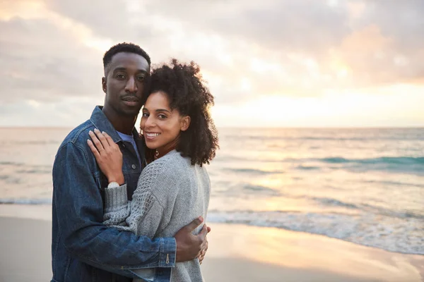 Portrait Loving Young Multiethnic Couple Standing Together Each Other Arms — Foto de Stock