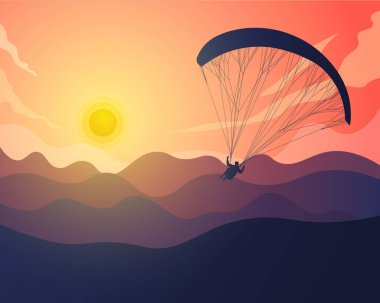 Dağların arka planına ve günbatımı vektör illüstrasyonuna sahip paragliding silueti