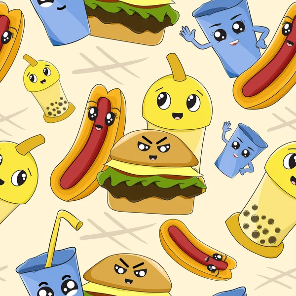 Fast Food Seamless Pattern Burger Drink — ストックベクタ