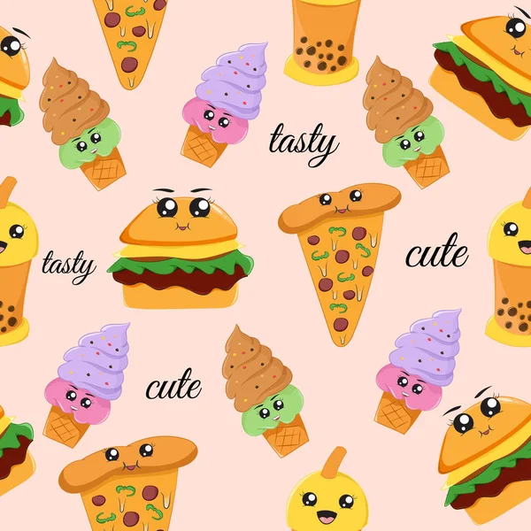 Cute Junk Food Ice Cream Seamless Pattern — Archivo Imágenes Vectoriales