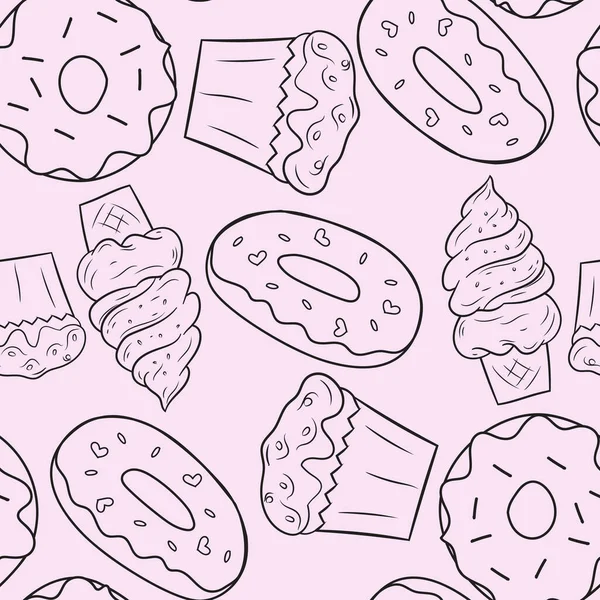 cute junk food dessert outline seamless pattern