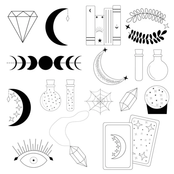 Karalama sihirli sembolleri vektör illüstrasyonuna ayarladı. Sihirli semboller, yıldızlar, tarot, ay. Mistik illüstrasyonların lamba seti