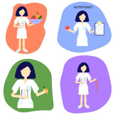 Kadın bir doktor beslenme uzmanının vektör çizimi, çok peri renginde illüstrasyon. Sağlıklı yaşam tarzı planı.