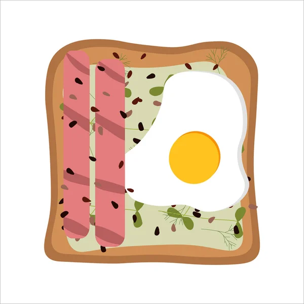 Toast Mit Spiegelei Und Würstchen Zum Frühstück Sandwich Vektor Flache — Stockvektor