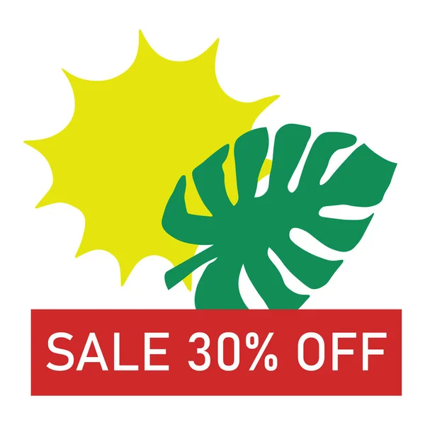 Yaz indiriminin vektör illüstrasyonu, güneş indirimleri. Güneş ve palmiye yaprağı% 30 indirimli.