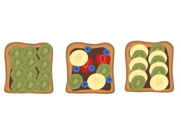 Çikolatalı, muzlu, yaban mersinli, çilekli ve kivili kızarmış ekmek. Meyve ve meyveli sağlıklı bir kahvaltı. Vektör düz resimleme