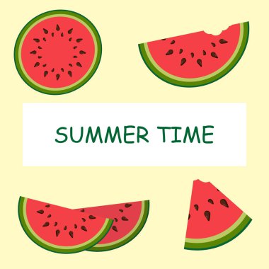 Düz karpuzun vektör çizimleri. Tam karpuz, karpuz dilimleri, karpuz yaprakları. düz karpuz vektörü