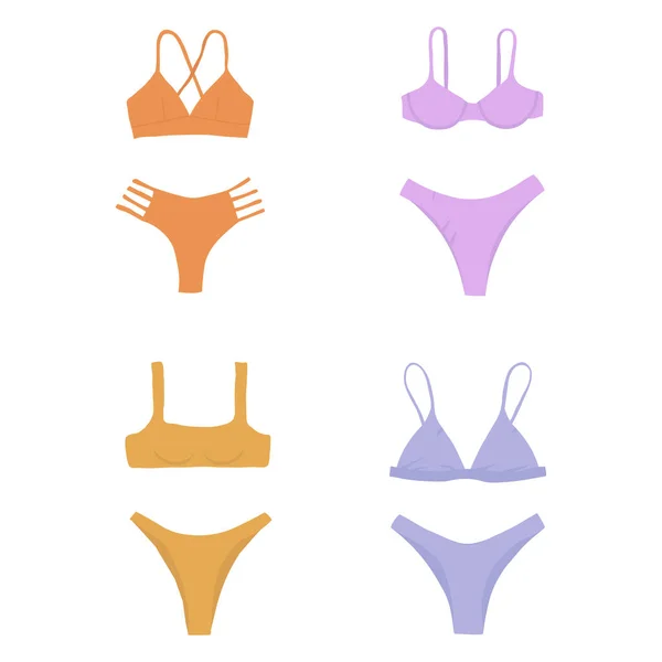 Conjunto Ilustraciones Vectoriales Con Traje Baño Bikini Púrpura Naranja Conjunto — Archivo Imágenes Vectoriales