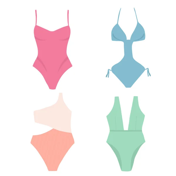 Set Vector Illustrations One Piece Swimsuits Summer Swimwear Pastel Colors — Stock Vector