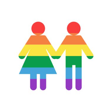 Vector silhouette girl and guy hold hands flag rainbow. Peaceful world, month of pride clipart