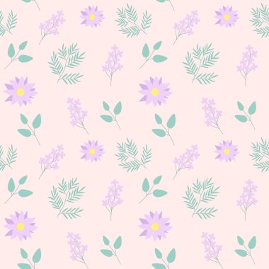 Çiçeksiz desenli mor papatya çayı, leylak çiçekleri ve yuvarlak lekeler. Botanik desenli.