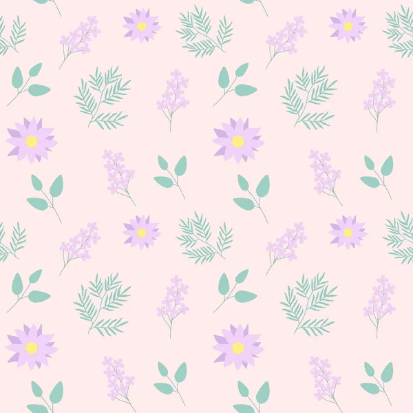 Çiçeksiz desenli mor papatya çayı, leylak çiçekleri ve yuvarlak lekeler. Botanik desenli.