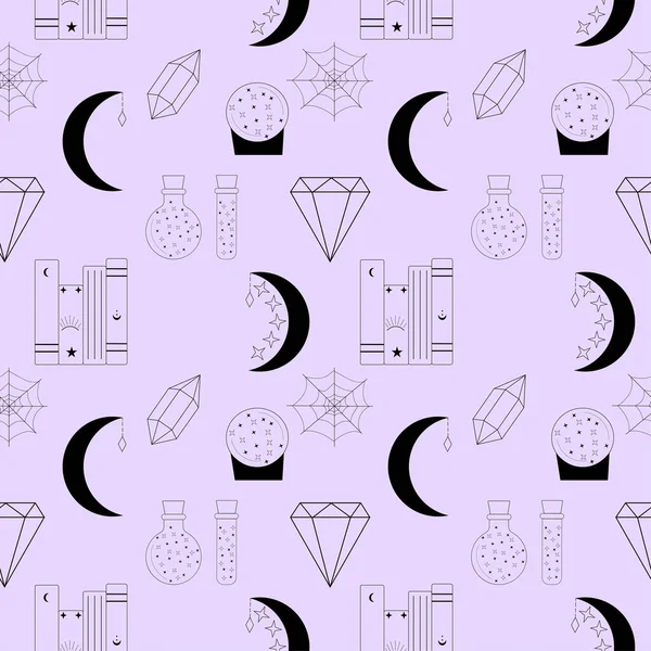 Cadılar bayramı için örümcek ağı cadı teçhizatlarıyla kusursuz desen. Cadılar Bayramı ambalaj kağıdı deseni