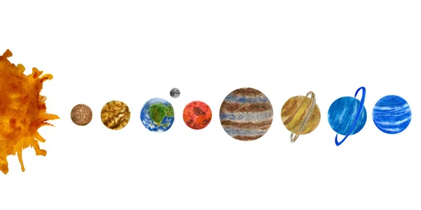 Güneş sistemindeki gezegenlerle suluboya çizimleri. Beyaz zemin üzerinde güneş sistemi gezegenleri.