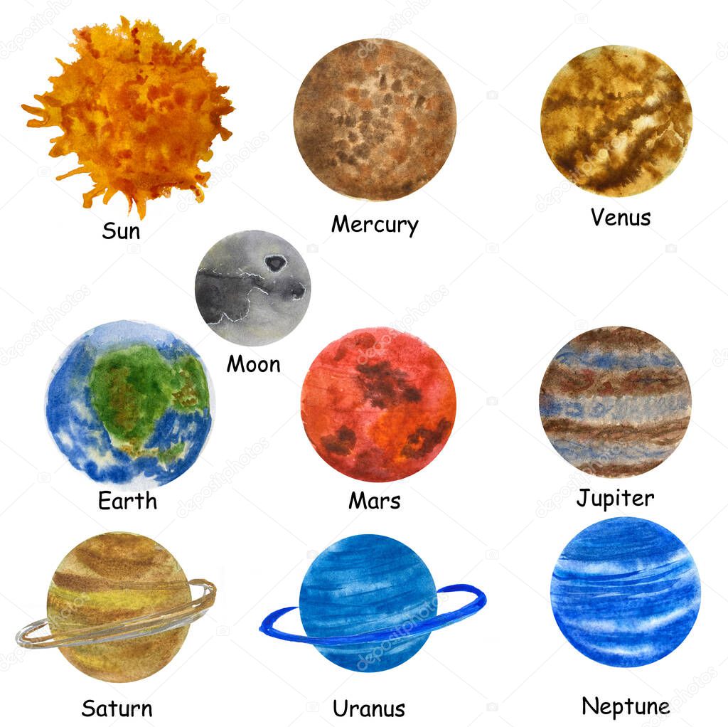 Set of watercolor illustrations with the planets of the solar system. Planets of the solar system on a white background.