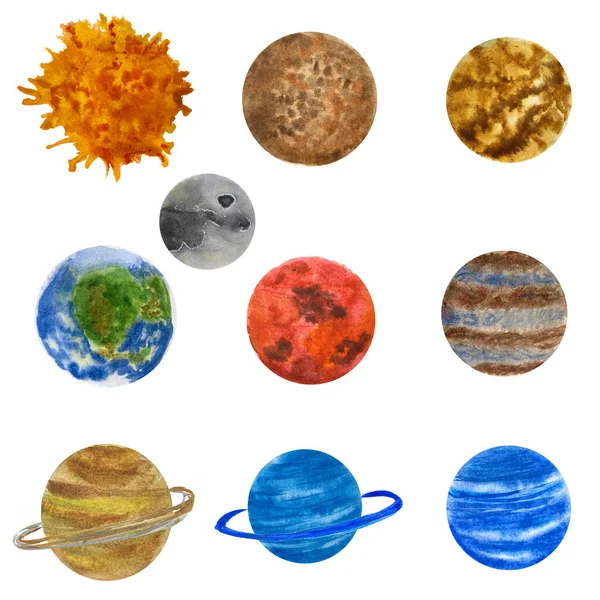 Ensemble Illustrations Aquarelles Avec Les Planètes Système Solaire Planètes Système — Photo