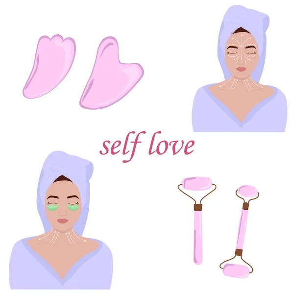 Gua Sha masajı. Yüze masaj çizgileri, yüz masajı talimatları. Cilt bakımı illüstrasyonu.