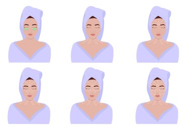 Gua Sha masajı. Yüze masaj çizgileri, yüz masajı talimatları. Cilt bakımı illüstrasyonu.