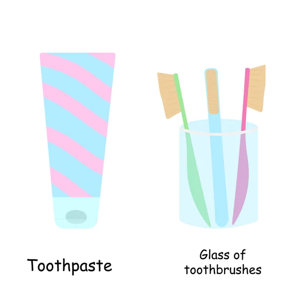 Badezimmerelemente Illustrieren Glas Mit Zahnwangen Und Zahnpasta Abbildung Zum Badezimmervektor — Stockvektor