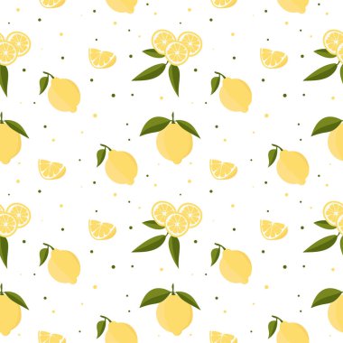 Limonlu ve yapraklı kusursuz bir şablon. Beyaz bir arka planda. Parlak yaz tasarımı