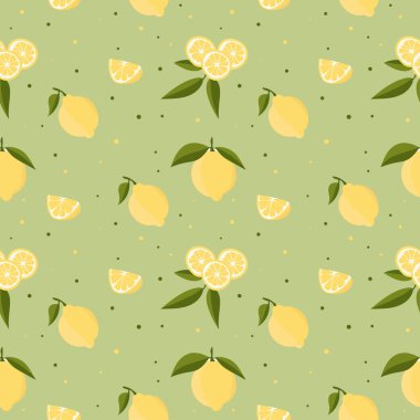 Limonlu ve yapraklı kusursuz bir şablon. Yeşil bir arka planda. Parlak yaz tasarımı