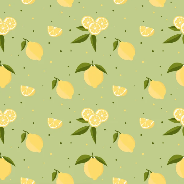 Patrón Sin Costura Vectorial Con Limones Hojas Sobre Fondo Verde — Archivo Imágenes Vectoriales