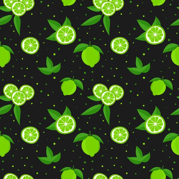 Lime Green Leaves Citrus Slice Black Background Seamless Pattern Vector — Archivo Imágenes Vectoriales