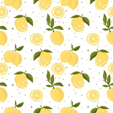 Limonlu ve yapraklı kusursuz bir şablon. Beyaz bir arka planda. Parlak yaz tasarımı