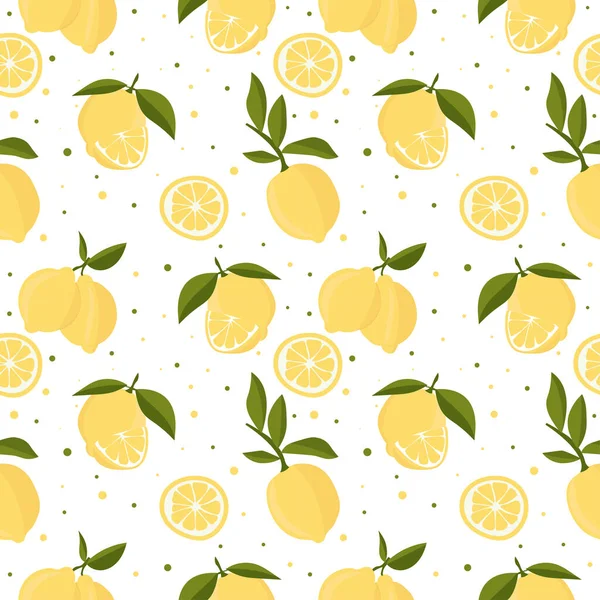 Vector Seamless Pattern Lemons Leaves White Background Bright Summer Design — Vettoriale Stock